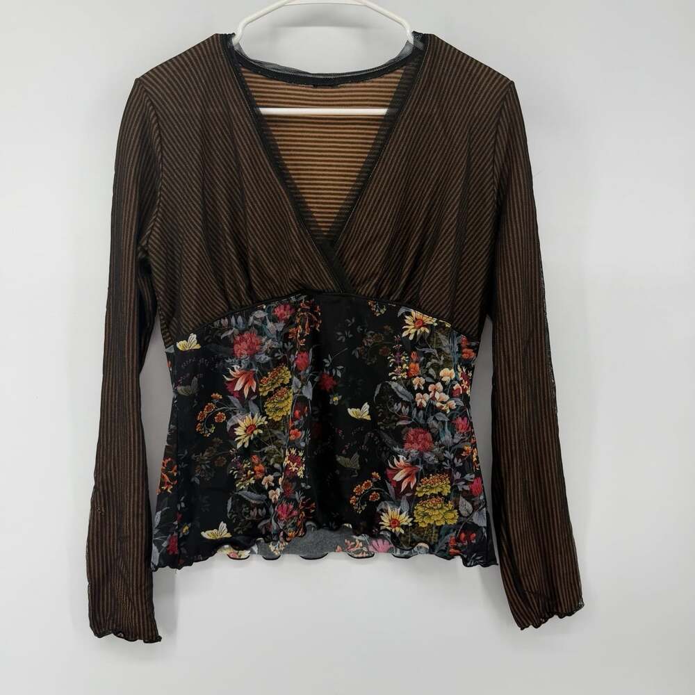 VTG Babydoll Mesh LongsleeveTop Striped Floral Artsy Fairy Grunge Whimsigoth Y2K